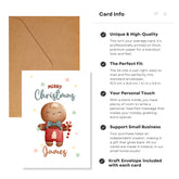 Christmas card with gingerbread man design and brown envelope, featuring card info text.